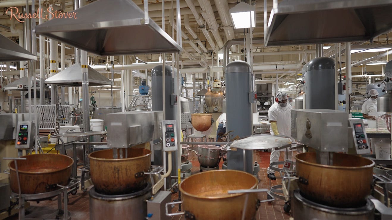 Copper pots still used in the factory for caramel